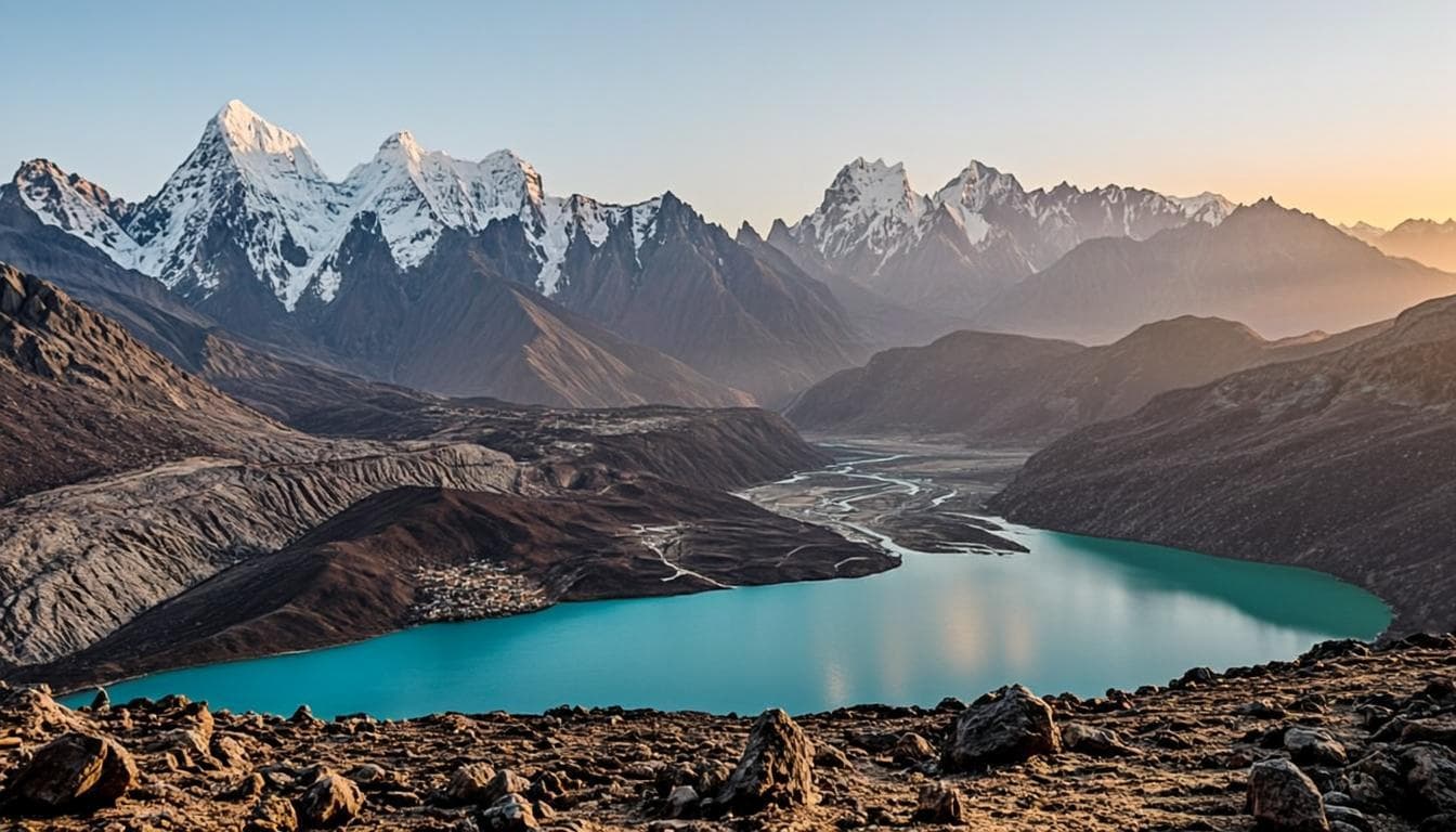 Turquoise Gokyo lake and glacial moraine