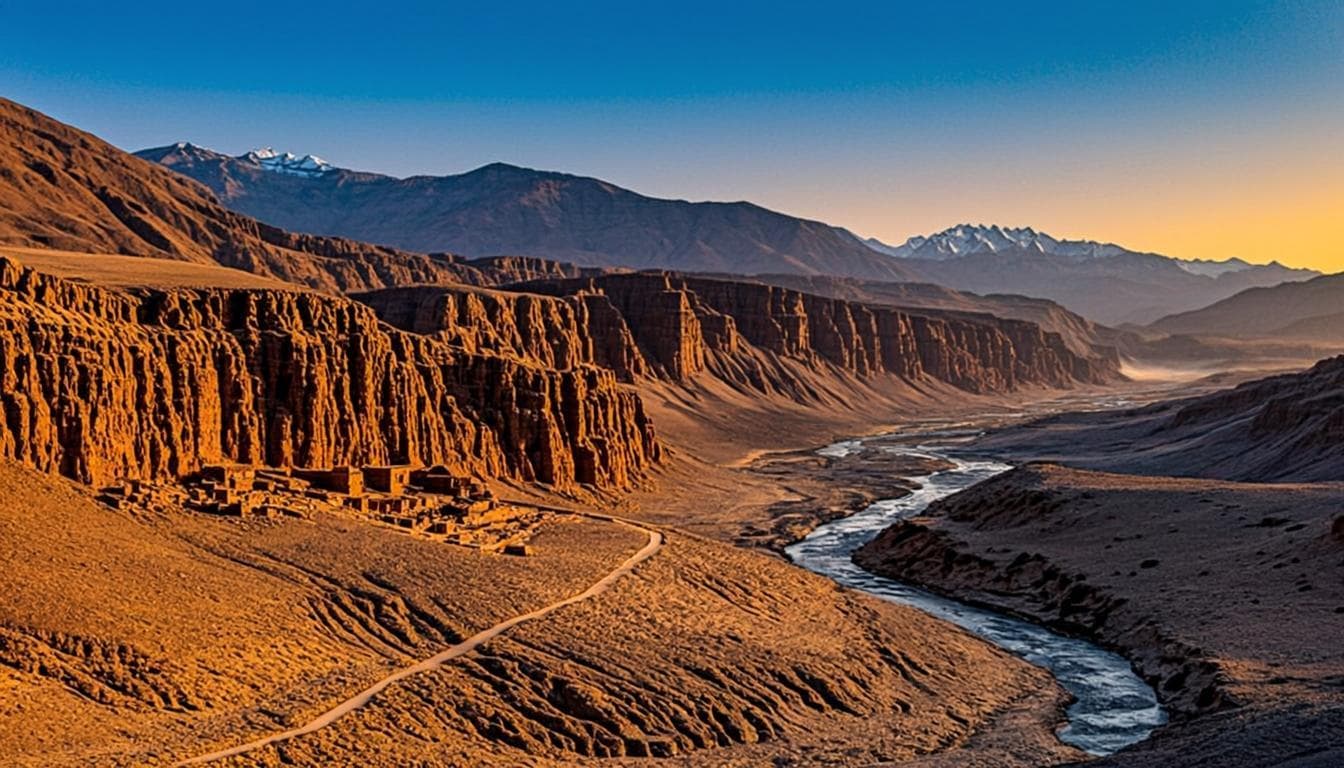 Ochre cliffs and desert terrain of Upper Mustang