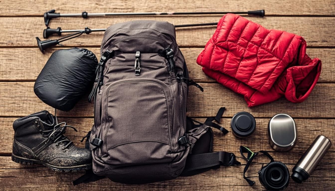 Trekking gear laid out neatly on a table