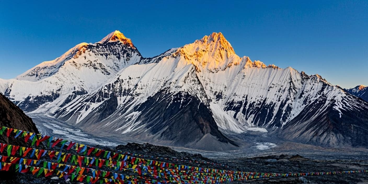 Mount Everest and Nuptse glowing at dawn, seen from Kala Patthar